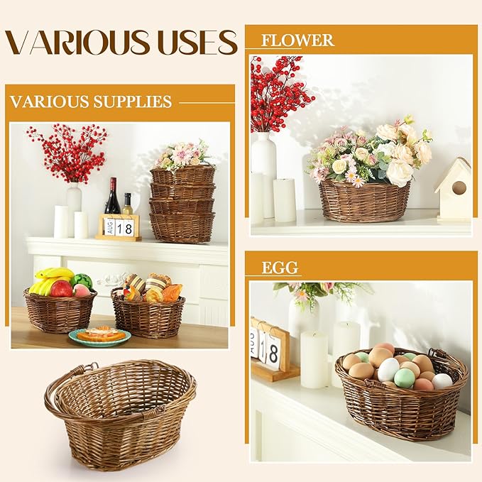 Barydat 6 Pcs Small Wicker Picnic Basket with Handle Flower Girl Baskets Oval Willow Woven Braided Gift Basket for Easter Weddings Baby Shower Home Garden Decor (Brown,12'' x 9'' x 5'')