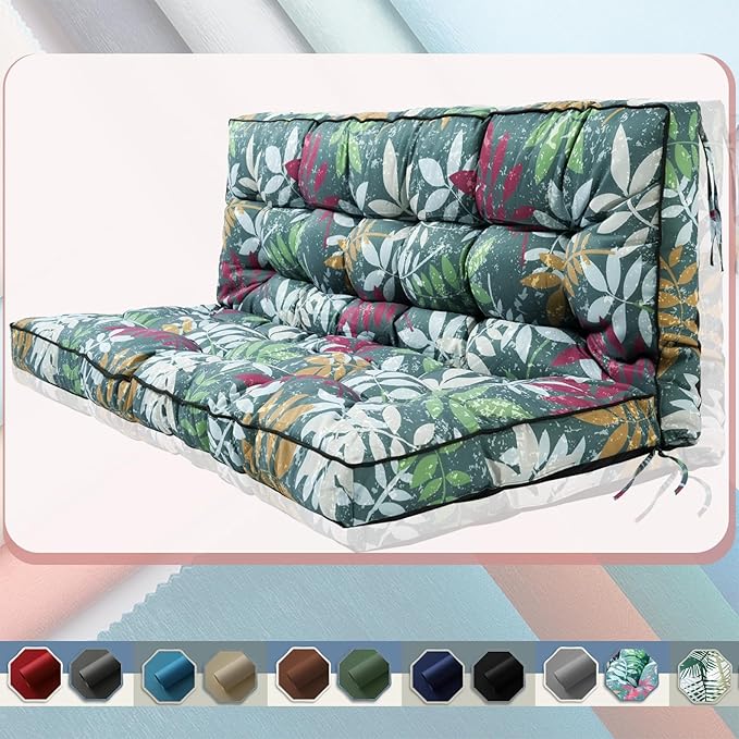 2-3 Seat Swing Replacement Cushion, Outdoor Bench Cushions with Backrest Thicken 4", Patio Furniture Garden Porch Loveseat Glider Pad Anti-Fading Waterproof (Green Flower, 40x55in)