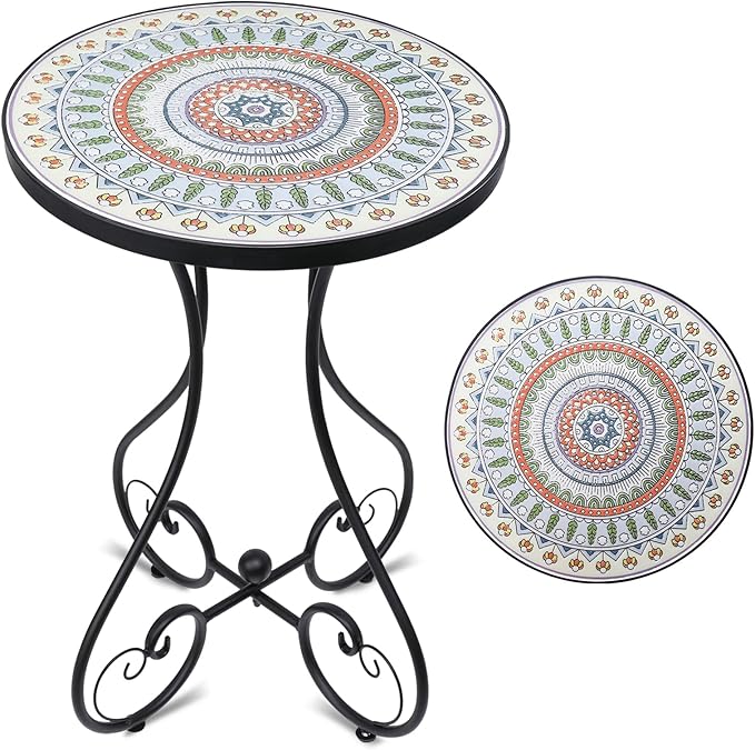 VCUTEKA Mosaic Outdoor Side Table, Round Rustproof Patio Tables with 14" Ceramic Tile Top, Indoor Porch Accent Table for Yard, Garden, Living Room, Bistro Balcony, Green