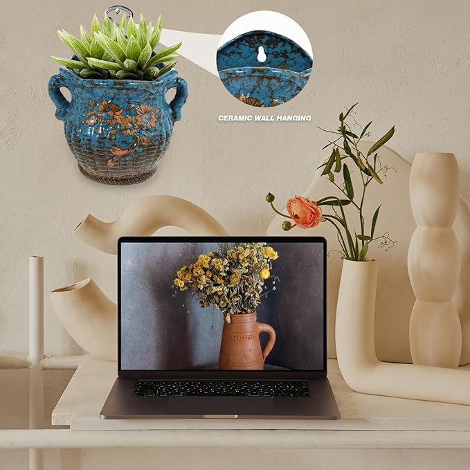 Ceramic Wall Mounted Succulent Flowerpot with Drainage Hole, Hanging Bonsai Plant Container for Indoor Garden Decor, Sturdy Ceramic Wall Planter Pot