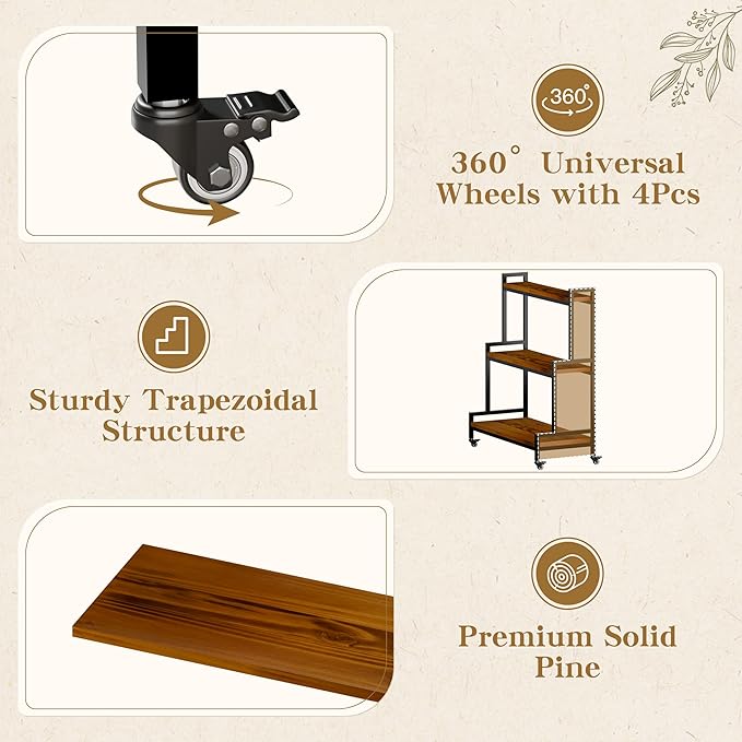 Flower Cart Display Stand with Wheels - Solid Wooden Plant Stand Shelf Outdoor - 3 Tier Patio Rolling Flower Stand - Ladder Folwer Holder Stand 37''x31'' for Florist, Garden, Wedding, Living Room, Burnt Yellow