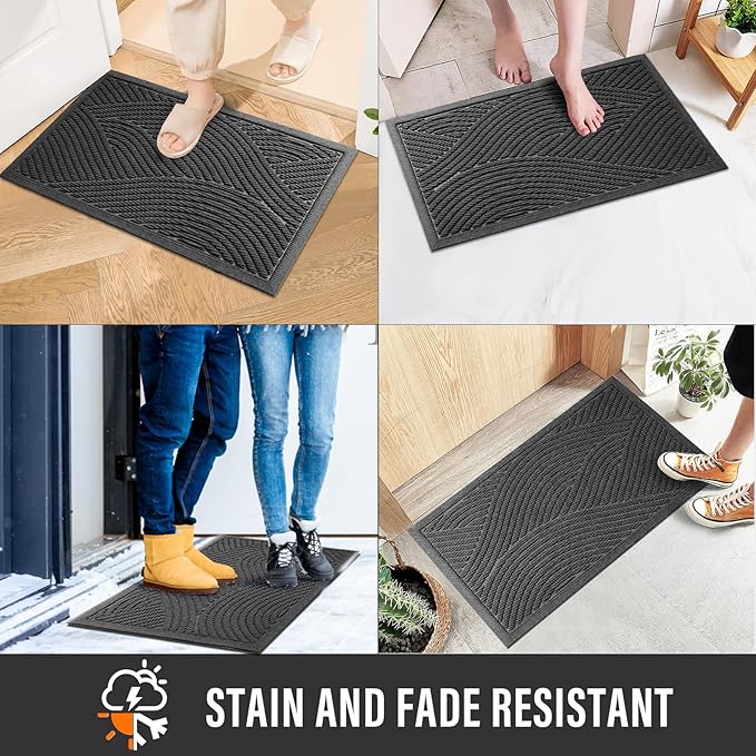 Sturdy Front Door Mat, Absorbent Muddy Dirt Resist Welcome Door Mats Outdoor Indoor, Stain and Fade Resistant, Non-Slip Backing Entry Mat Low Profile Doormat for Entryway, 47×32, Grey