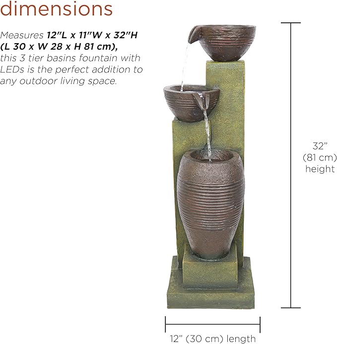 Alpine Corporation 32" Tall 3 Tier Basins Water Fountain with LED Lights, Waterfall Decor, Elegant Cascading Water Feature for Garden, Patio, Yard & Outdoor Spaces, Multi-Color