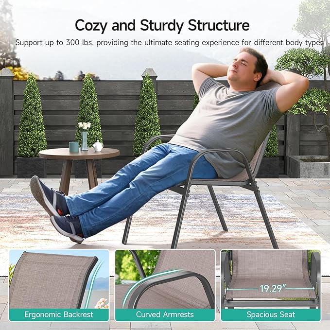 Patio Chairs Set of 2, Easily Set Up Stackable Outdoor Dining Chairs with High Back and Wide Seat, All Weather Breathable Outdoor Chairs Set of 2 with Metal Frame for Backyard Deck Pool, Brown