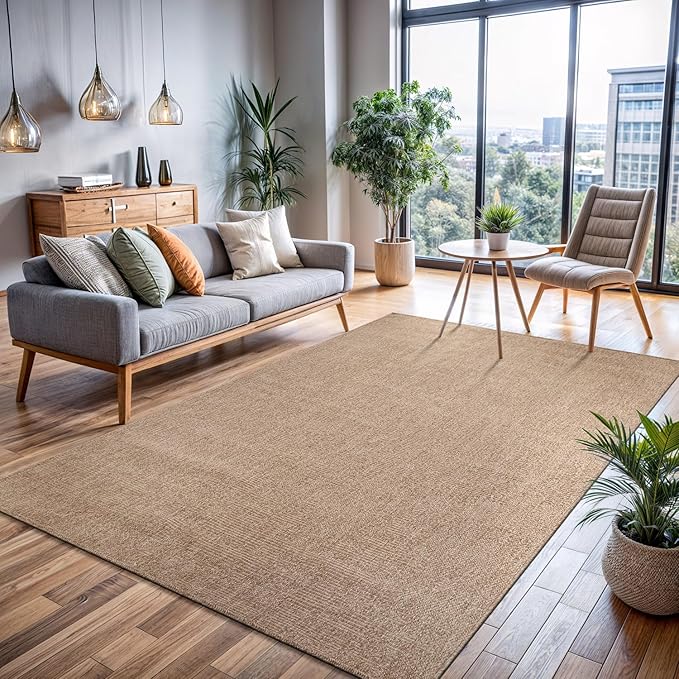 CAMILSON Easy Jute Rug 10x14, Indoor Outdoor Natural Color Fiber Area Rugs for Living Room Patio and Kitchen Rug, Solid Boho Woven Design, Easy-Cleaning, Washable Outside Carpet Alfombras (10 x 14)