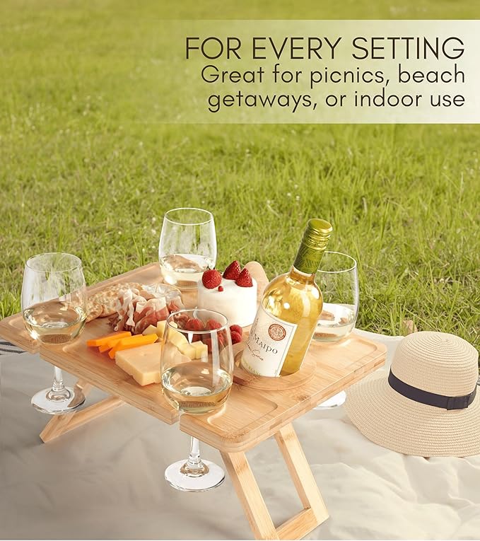 Outdoor Wine Picnic Table, Wooden Folding Picnic Table with Glass Holder, Bamboo Wine Glass Snack Tray for Indoor & Outdoor Use, Includes Picnic Mat & Tote Bag