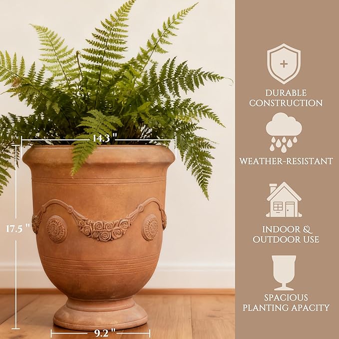 Planters for Indoor & Outdoor Plants, 16.5" Large Magnesium Oxide Urn Planter with Drainage Hole, Decorative Unique Garden Plant Pots for Front Porch & Home Decor, Rust Color