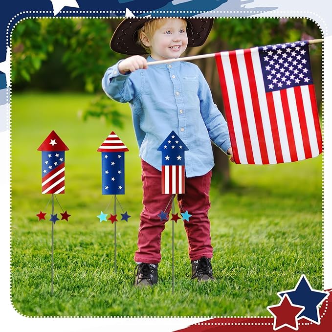Pickmesh 6 Pcs 12" H Patriotic Metal Yard Sign Patriotic Fireworks Garden Stake 250th Anniversary USA Flag American Yard Sign for Memorial Day Outdoor Decor 4th of July Independence Day Decoration