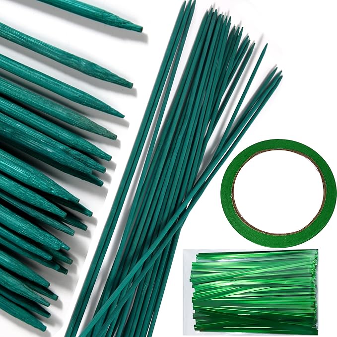 100 pcs 18 Inch Plant Sticks Support, Floral Plant Support, Wooden Sign Posting Green Bamboo Garden Sticks with 1 Roll Floral Tape and 1 Pack Garden Ties