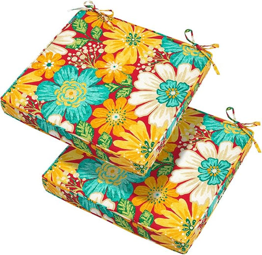 Magpie Fabrics Indoor Outdoor Waterproof Square Chair Cushion, 18" x 18" x 2.5", 2 Pack, Water Resistant Seat Cushions, for Patio Garden Office, Ambry Red Hibiscus
