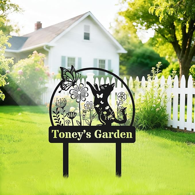 Personalized Metal Garden Sign, Custom Playing Cat Decor with Stake, Butterfly Metal Yard Art, Garden Name Sign,Outdoor Decor,Patio Decoration,Home Present,Gardeners & Planters Gift