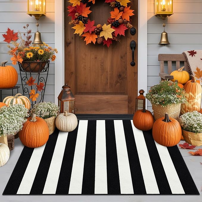 Timo Black and White Outdoor Rug,36"x59" Front Porch Rug Absorbent Rubber Backed Non Slip Striped Rug Machine Washable Indoor/Outdoor Area Rug Front Door Floor Mat for Farmhouse/Living Room/Entryway