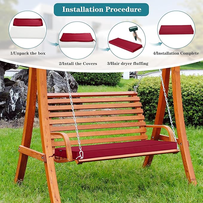 Outdoor Bench Cushions 59 x 18 Inch Thick Waterproof Porch Swing Cushions with Tie Patio Furniture Chair Cushion Bench Pad 5 Year Color Fastness Backyard Seat Pads Burgundy