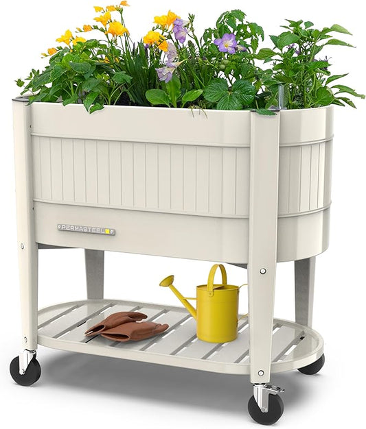 Permasteel Raised Garden Bed with Legs, Planter Box with EnGrow™ TrueSoil™ Technology for Vegetables, Flowers, Herbs, and Fruit, Outdoor Indoor, Storage Shelf, Caster Wheels, Ivory