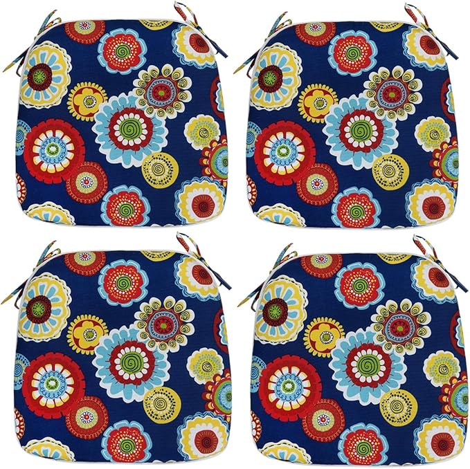 Magpie Fabrics Outdoor/Indoor 17"x16"x2" Chair Cushions with Ties Set of 4, Waterproof All Weather U-Shape Seat Pads Decoration for Patio Garden Furniture Home Office (Floral Navy)