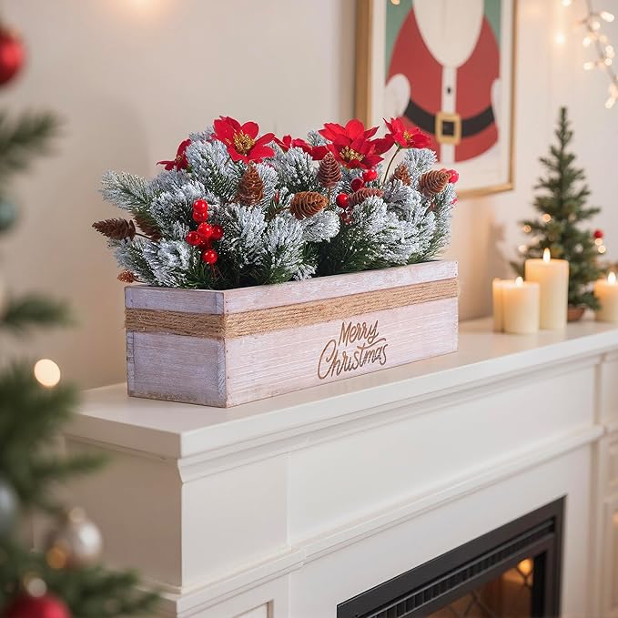 SVENJBB Christmas Table Centerpiece Decorations with Red Poinsettias, Snowy Norfolk Pine, Berries & Pine Cones in Wooden Box with “Merry-Christmas” Printing