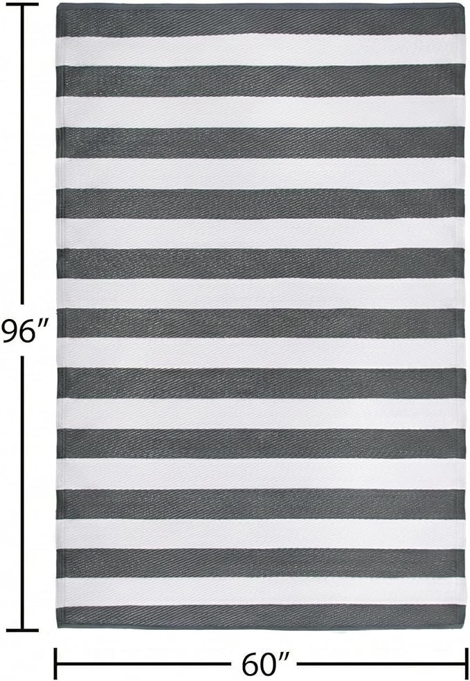 FH Home Outdoor Rug - Waterproof, Fade Resistant, Crease-Free - Premium Recycled Plastic - Geometric - Patio, Porch, Deck, Balcony - Brittany Stripe - Gray & White - 5 x 8 ft