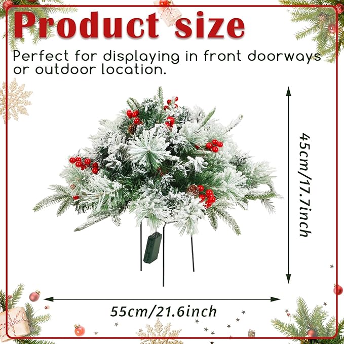 Tigeen 2 Pcs 22 Inch Timer Prelit Christmas Urn Filler, Outdoor Planter Pots Filler Prelit Xmas Pine Trees with Cones and Red Berries 50 Warm White LED with 8 Light Modes for Yard Porch Decor(Snow)