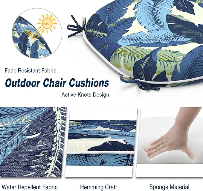 Outdoor Chair Cushions 16"x17" Set of 4, Water Resistant Patio Chair Pads with Ties, Seat Cushions for Home Garden Furniture Decoration, Swaying Palms Blue
