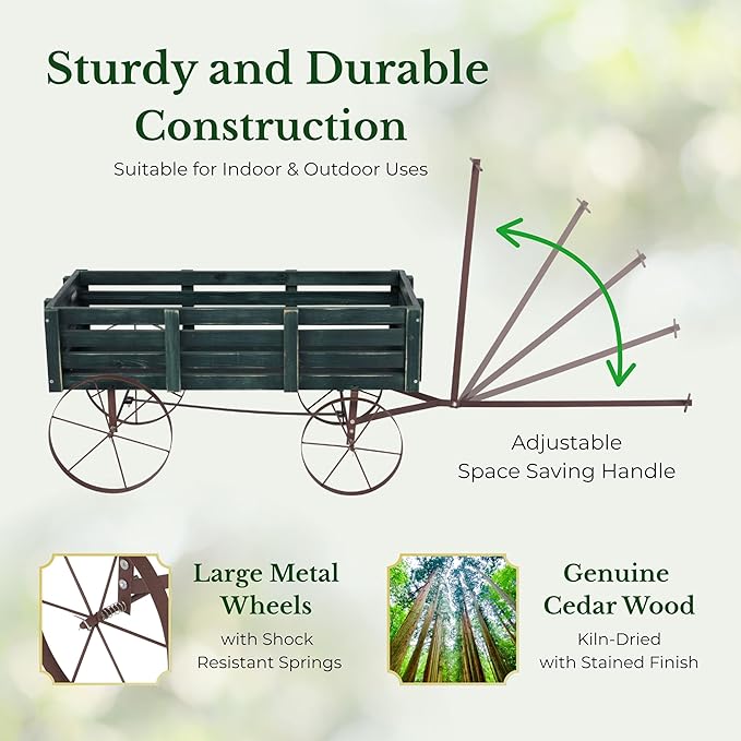 Shine Company Decorative Buckboard Wagon Garden Planter, Wooden Wagon Yard Décor for Outdoor Plants, Green