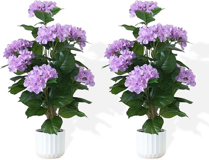 31inch Artificial Purple Hydrangea Flowers Potted Plant for Indoor & Outdoor Office Home Porch Decor, Realistic Tree with Long-Lasting Color (2, Purple)