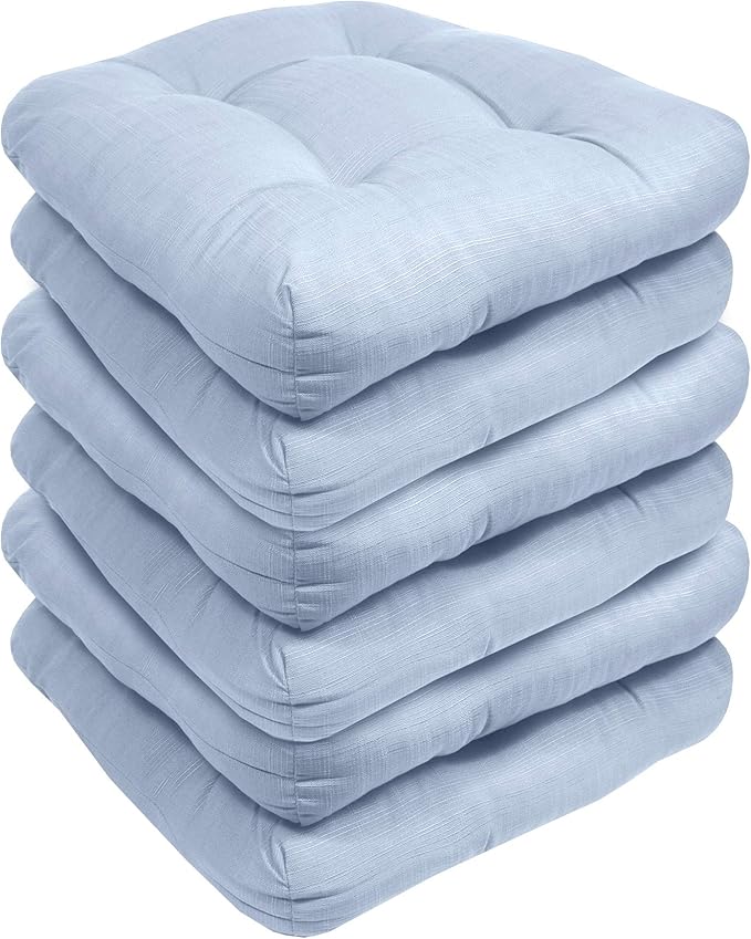 Sweet Home Collection Patio Cushions Outdoor Chair Pads Premium Comfortable Thick Fiber Fill Tufted 19" x 19" Seat Cover, 6 Pack, Light Blue