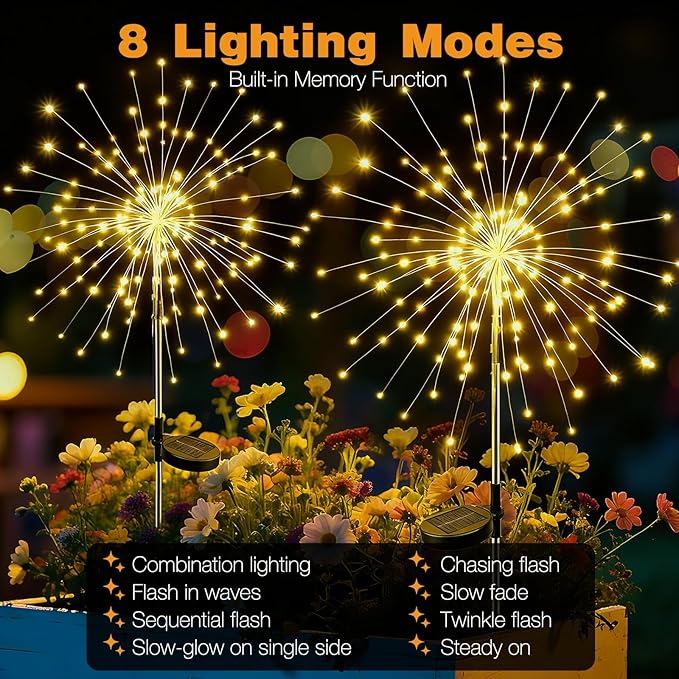 btfarm Solar Garden Lights Outdoor, 8 Modes Firework Lights Solar Powered, Waterproof Twinkle Fairy Light Outside for Yard Patio Pathway Pool Christmas Party Decorative, 2 Pack, Warm White