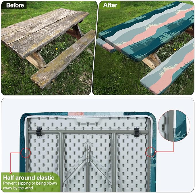 Picnic Table Cover with Bench Covers 6FT 3 Pcs Waterproof Windproof Aesthetic Camping Tablecloth with Drawstring Bag, Fitted for 6 Foot Rectangle Tables and Seats, 72 inch, Pink Green Mountains