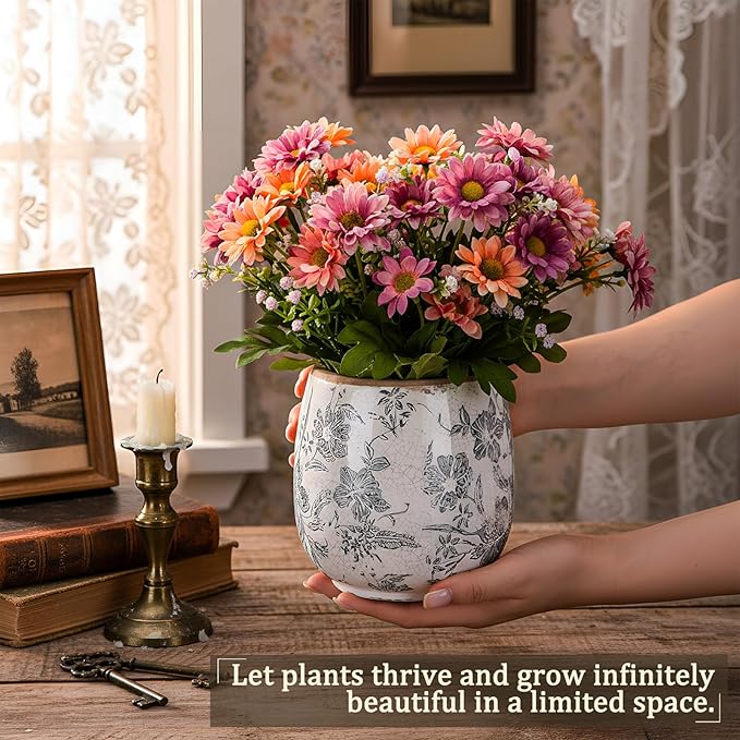Vintage Ceramic Flower Pot with Ice Crackle Rustic Planter with Drainage Holes for Indoor and Outdoor Decor Home Living Room Garden Decor Gardening Gift (Rustic Grey Style)