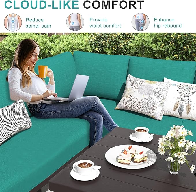 Patio Sectional Cushions, 14-Piece Replacement Cushions for Outdoor Furniture, Water-Resistant Outdoor Sofa Cushion for 6-Seat Rattan Wicker Sectional Conversation Sets (Turquoise)