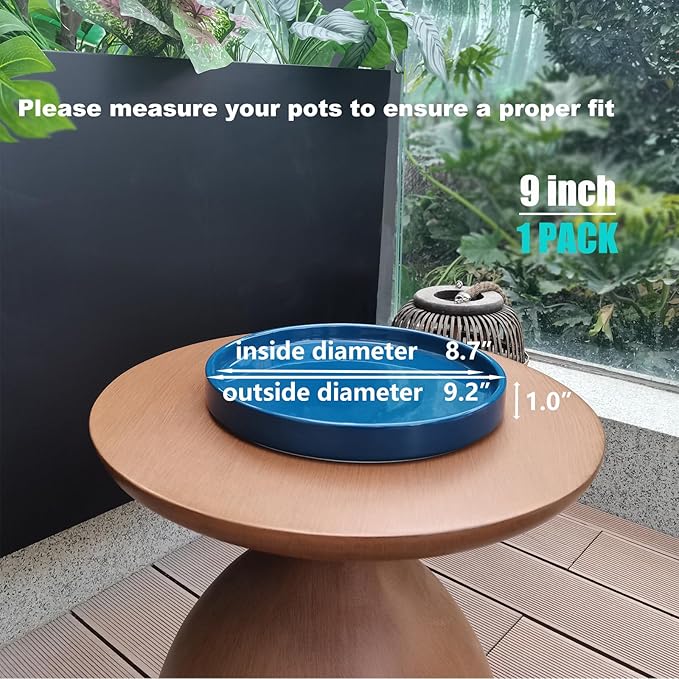 Ceramic Flower Pot Saucers, 9 Inch Plant Pot Saucers for Indoors Plants, Plant Trays for Pots Holding Water Drips and Soil, Drainage Tray for Plant Pot (Blue)