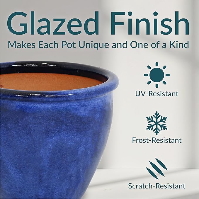 Sunnydaze Round Ceramic Planter - Set of 2 Indoor or Outdoor Plant Pots with Drainage Hole - Chalet - 12" - Imperial Blue Glaze
