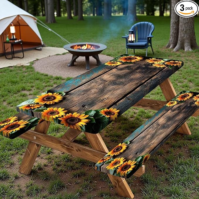 Picnic Table Cover with Bench Covers Wood Sunflower Flowers Wooden Floral Waterproof Windproof Fitted Outdoor Tablecloth with Elastic Rectangle Table Cloth Camping Accessories,72x30 Inch