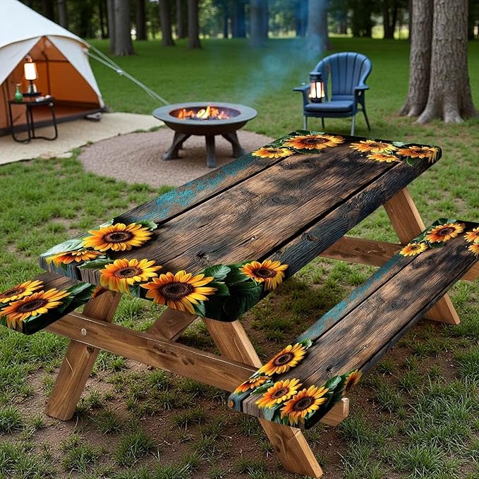Picnic Table Cover with Bench Covers Wood Sunflower Flowers Wooden Floral Waterproof Windproof Fitted Outdoor Tablecloth with Elastic Rectangle Table Cloth Camping Accessories,96x30 Inch