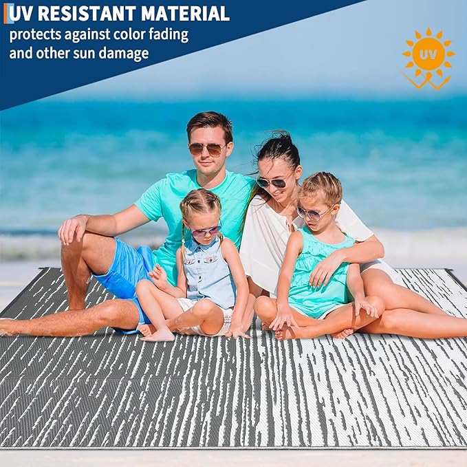 Outdoor Rug 6x9 Waterproof Patio Rugs Abstarct Line Reversible Mat for Front Door Rv Foldable Plastic Straw Carpet for Travel Trailers, Deck, Picnic, Porch, Camper, Balcony, Beach，Grey