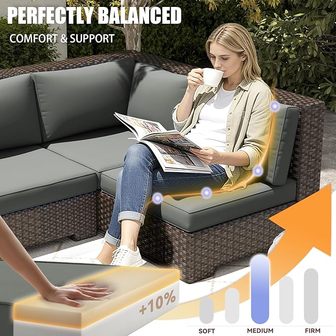14 Pieces Replacement Patio Cushion for Outdoor Sectional Furniture, Waterproof Outdoor Cushion for 6-Seat Wicker Patio Sofa Sets, 3.2'' Thick with 25D Foam (Grey, 25.2x25.2 Inches)