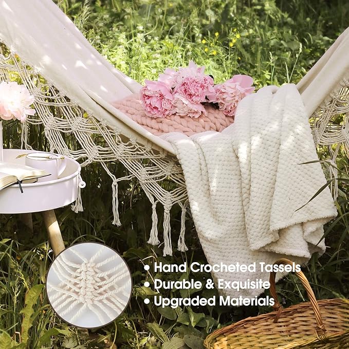 MOSFiATA Backyard Hammock with Tassels Max 500lbs Canvas Fabric Bohemian Style with Thickened Rope and Carry Bag for Outdoor, Garden, Patio, Wedding Decor (White)
