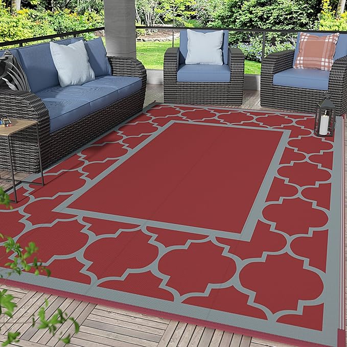 GENIMO 5' x 8' Outdoor Rug Waterproof for Patio Christmas Decor, Foldable Reversible Plastic Straw Area Rugs Mat for Camper, Outside Carpet for Rv, Deck, Porch, Picnic, Beach, Balcony, Red & Grey
