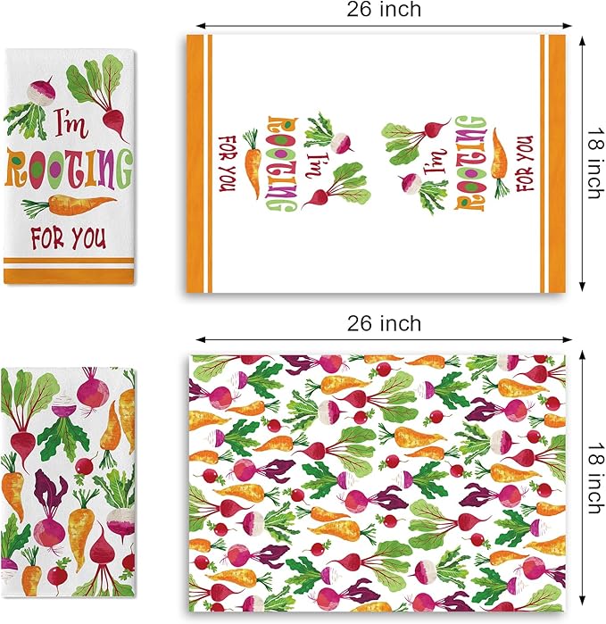 Vegetable Theme Kitchen Dish Towels Set of 2, I'm Rooting for You Fresh Radish Carrot Drying Hand Towel Baking Cooking Cloth, Funny Farmhouse Garden Home Decoration 18'' x 26''
