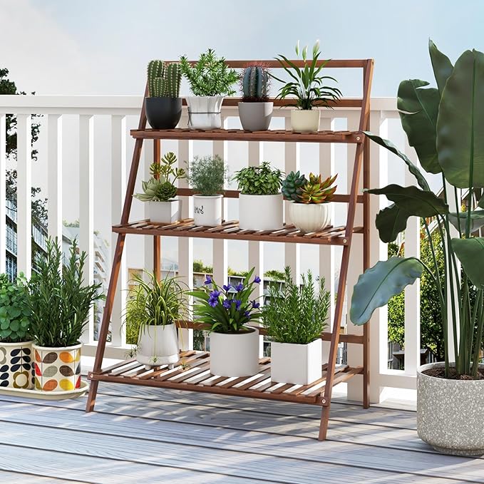 Plant Stand, 3 Tier Bamboo Ladder Plant Stand with Foldable Design, Anti-falling Crossbar, Freestanding Plant Shelf for Indoor Outdoor, Living Room Balcony Patio Garden