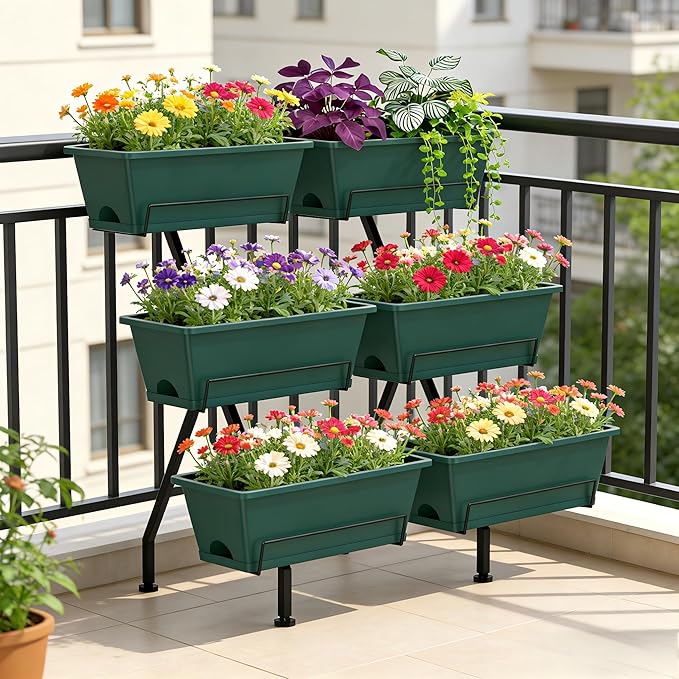 Vertical Raised Garden Bed 3 Tier Vertical Garden Planter with 6 Container Boxes Indoor Outdoor Standing Herb Planter with Drainage Holes Removable Tray for Small Space Patio Balcony Porch, Green