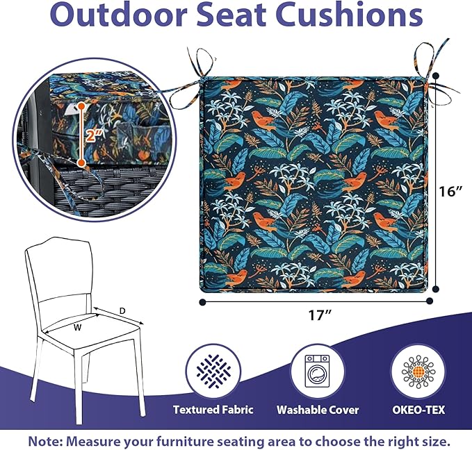 Outdoor Chair Cushions Set of 4,Waterproof Outdoor Seat Cushions for Patio Furniture,Patio Chair Cushion with Handle and Ties, Out Door Chair Pads,17" x 16" x 2", Black Nightingale