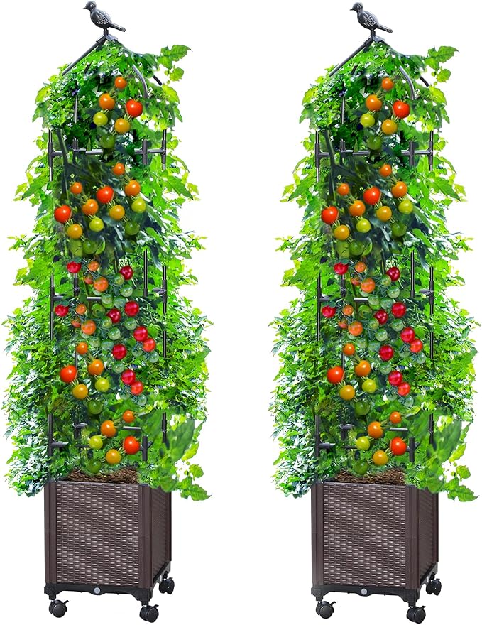 Sunnyglade 2 PCS Raised Garden Bed Planter Box with Trellis, 63" Tall Outdoor Tomato Planters for Climbing Vegetables Flowers Vine Plants, Tomato Cage with Wheels (2)