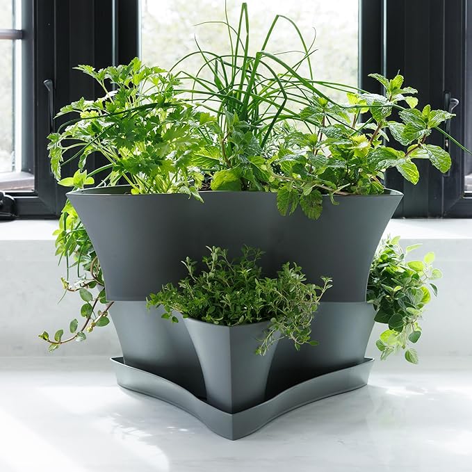 Bloem Collins 16" Charcoal Gray Stackable 2 Level Resin Garden Pot Planters for Herbs and Succulents, Made in USA