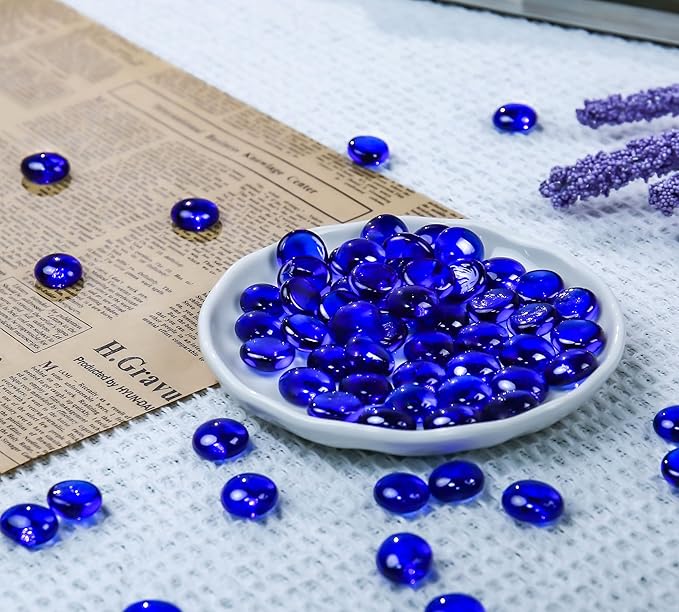 CYS EXCEL Cobalt Blue Glass Gemstone Beads Vase Fillers (2 LBS) Flat Marble Beads Multiple Color Choices Aquarium Decor Rocks Floral Stones Decorative Mosaic Glass Gem Pebbles