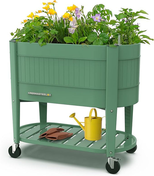 Permasteel Raised Garden Bed with Legs, 40×20×37 in, Planter Box with EnGrow™ TrueSoil™ Technology for Vegetables, Flowers, Herbs, and Fruit, Outdoor Indoor, Storage Shelf, Sage