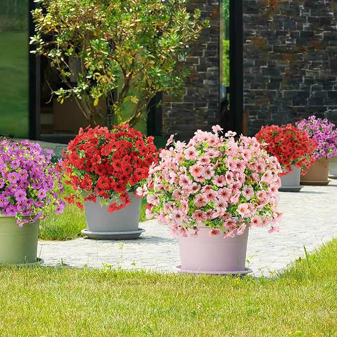 Artificial Flowers Outdoor Faux Plants UV Resistant Fake Patio Flowers Plastic Greenery Plnats Outside Bulk for Spring Garden Hanging Planter Home Vase Decor, 24 Bundles (Pink)
