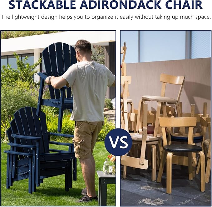 nevilywood Compact Stackable Adirondack Chairs, 26.3" Wide HDPE Outdoor Patio Chairs - Durable, Space-Saving Design for Porch, Lawn or Garden, Navy