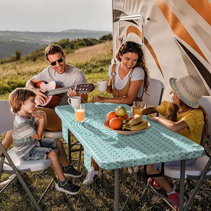 Fitted 8Ft Picnic Table Cover with Chair Covers Elastic Polyester Stain Resistant Reusable Camping Table Cloth Patio Family Glamping Things Hiking Rv Traveling Needs Gifts for Grandparents