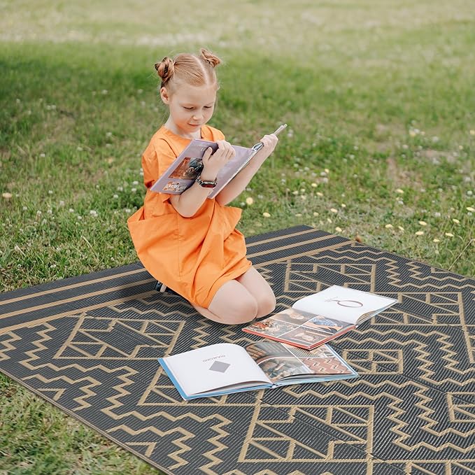 SAND MINE Reversible Mats, Plastic Straw Rug, Modern Area Rug, Large Floor Mat and Rug for Outdoors, RV, Patio, Backyard, Deck, Picnic, Beach, Trailer, Camping (5' x 8', Grey & Tan)